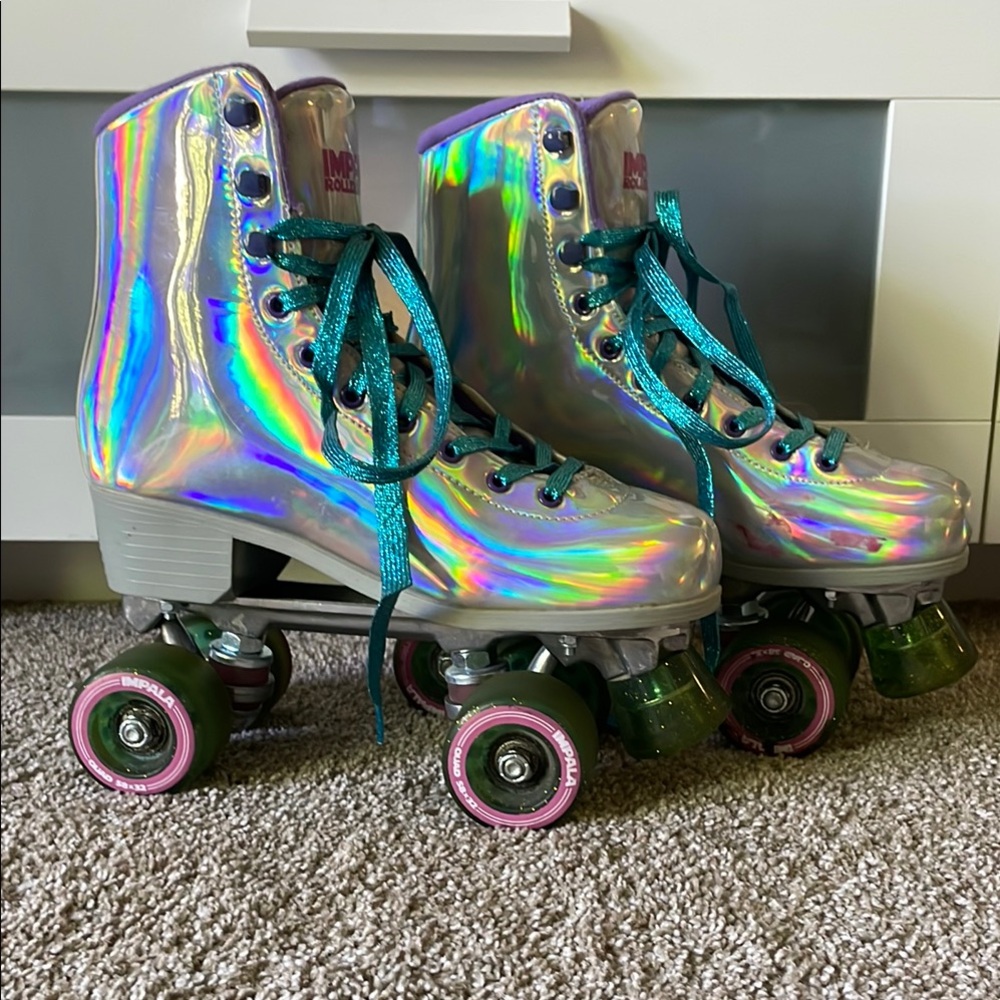Holographic Roller Skates with Teal Laces